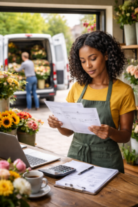 Flower shop owner reviewing paperwork to keep track of paid and unpaid invoices while delivery van is loaded in the background.