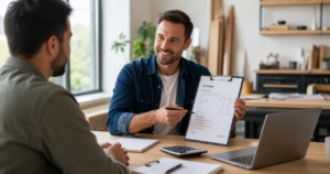 Small business owner reviewing detailed estimates with a client in a professional office setting