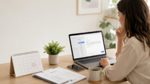 Small business owner reviewing an invoice and writing a polite payment reminder email at a clean desk