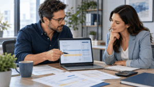 Home 8 Small business owner reviewing disputed invoices with a client