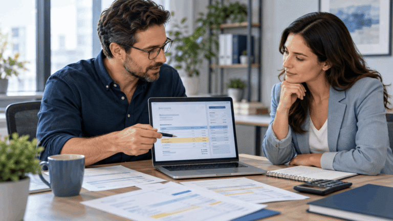 Small business owner reviewing disputed invoices with a client