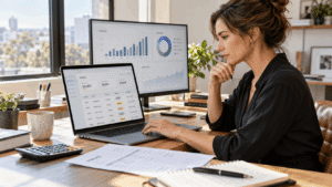 Home 8 Small business owner reviewing invoicing software integration and accounting records on a laptop