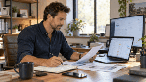 Home 8 Small business owner using project management tools for small businesses to organize tasks, schedules, and customer invoices