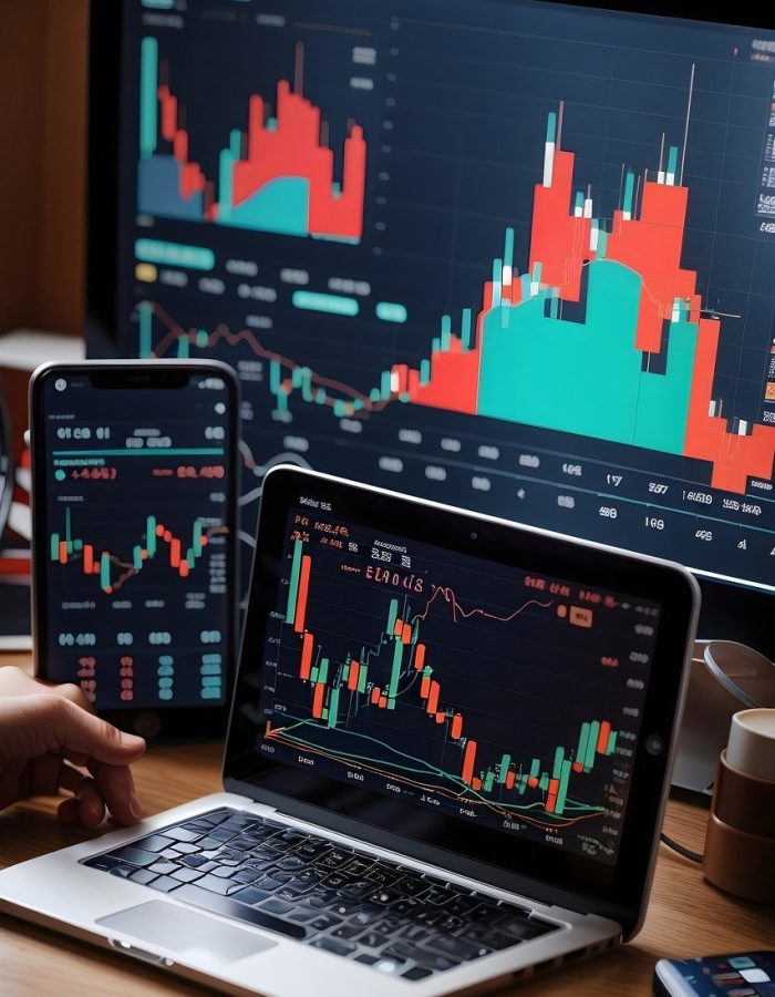 a laptop and phone with financial services performance charts on them.